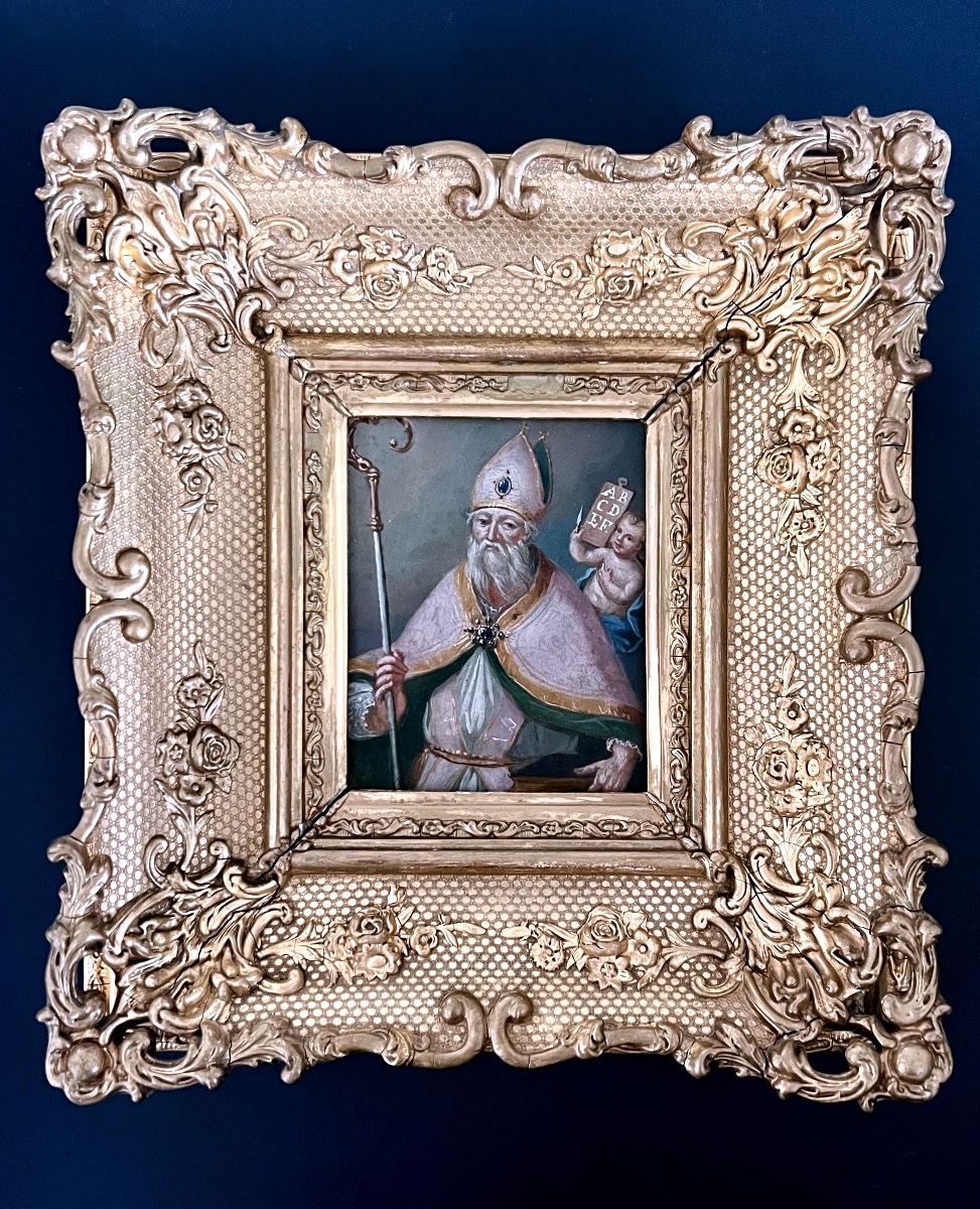Peinture sur cuivre – Saint évêque avec angelot - XIXème