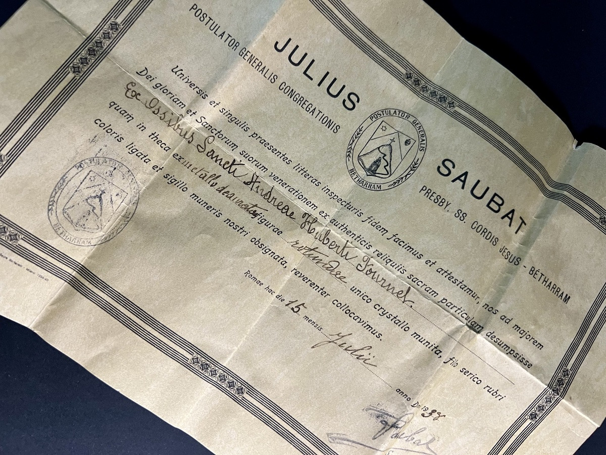  Reliquaire en bronze doré avec relique de Saint André-Hubert Fournet, authentique de 1928-photo-3