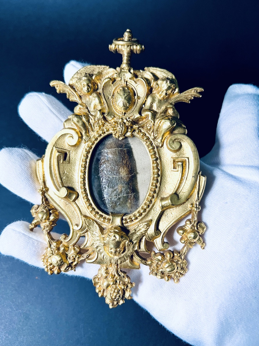  Reliquaire en bronze doré avec relique de Saint André-Hubert Fournet, authentique de 1928-photo-4