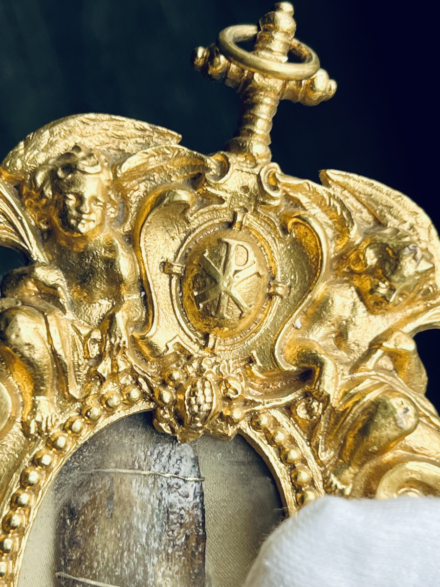  Reliquaire en bronze doré avec relique de Saint André-Hubert Fournet, authentique de 1928-photo-6