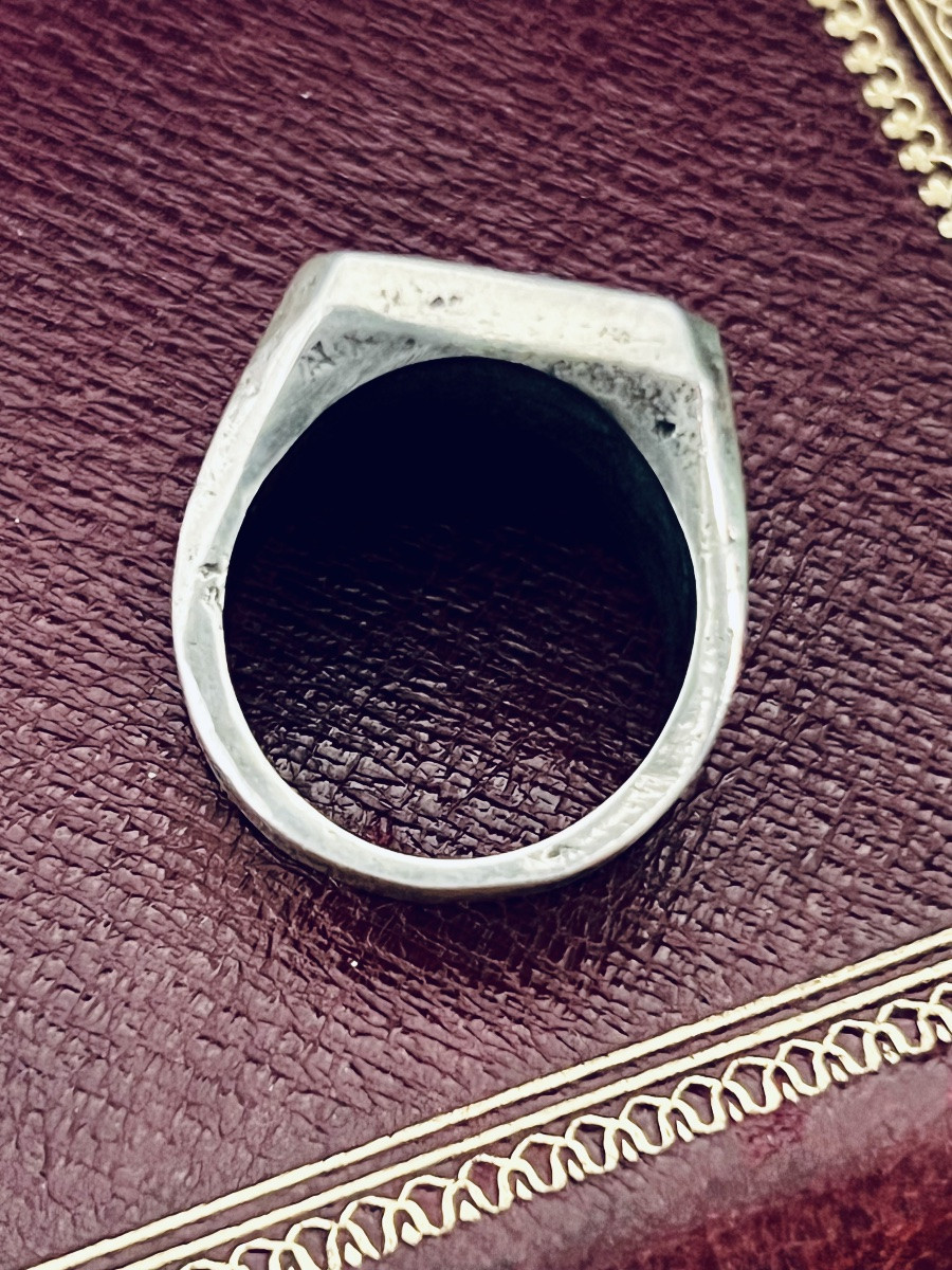 Bague ecclésiastique héraldique en argent – décor de calice / monogramme – XIX  siècle-photo-2