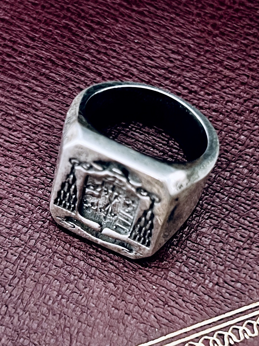 Bague ecclésiastique héraldique en argent – décor de calice / monogramme – XIX  siècle-photo-3