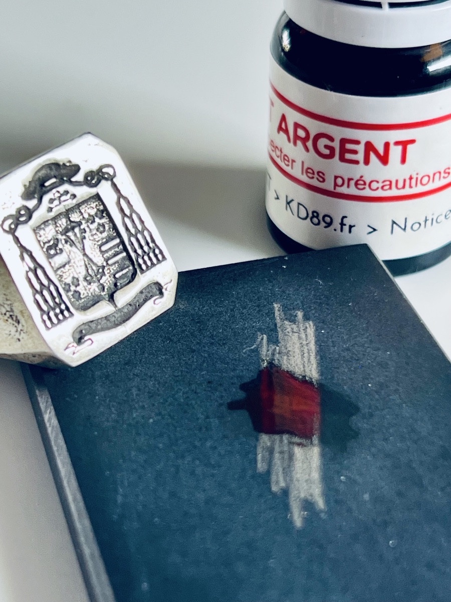 Bague ecclésiastique héraldique en argent – décor de calice / monogramme – XIX  siècle-photo-4