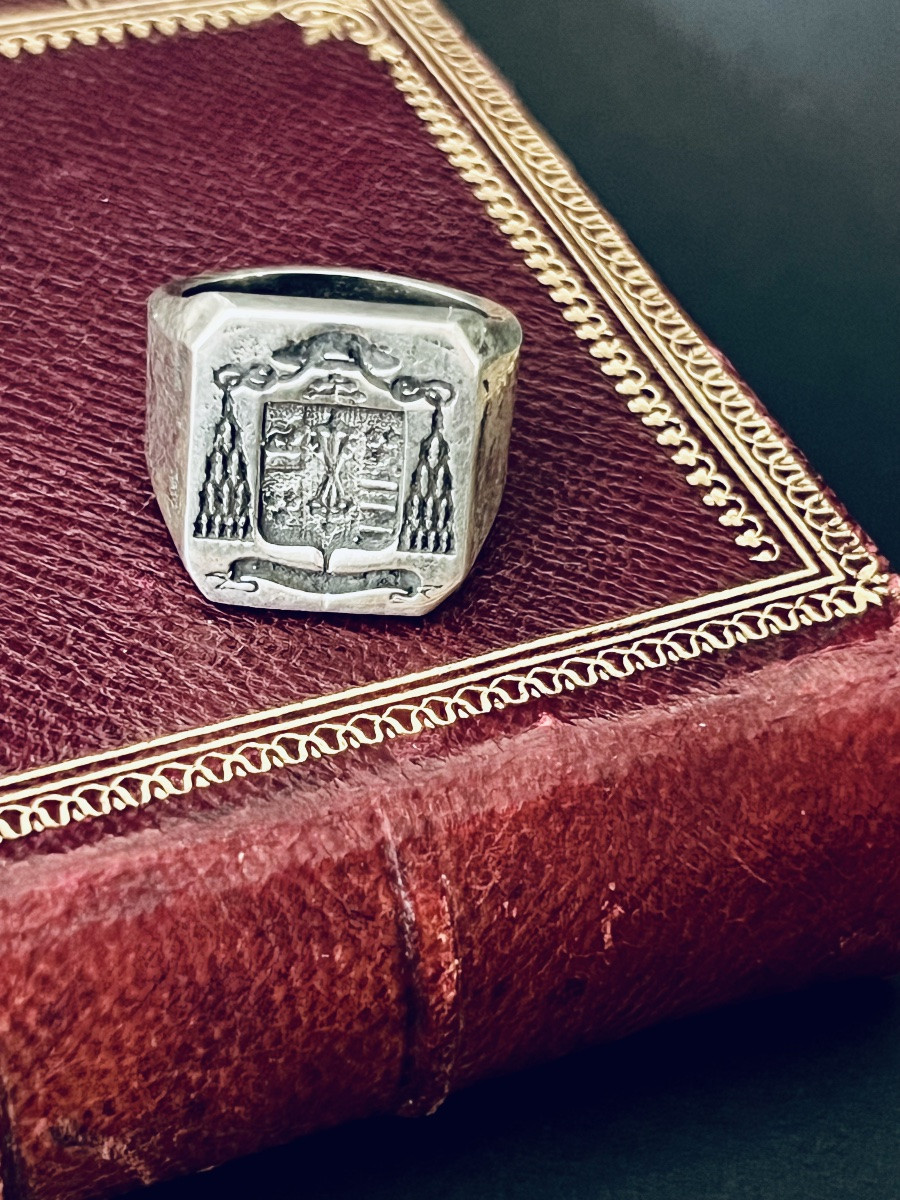 Bague ecclésiastique héraldique en argent – décor de calice / monogramme – XIX  siècle-photo-2