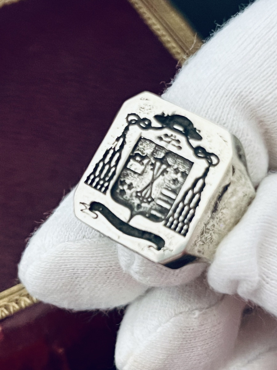 Bague ecclésiastique héraldique en argent – décor de calice / monogramme – XIX  siècle-photo-5