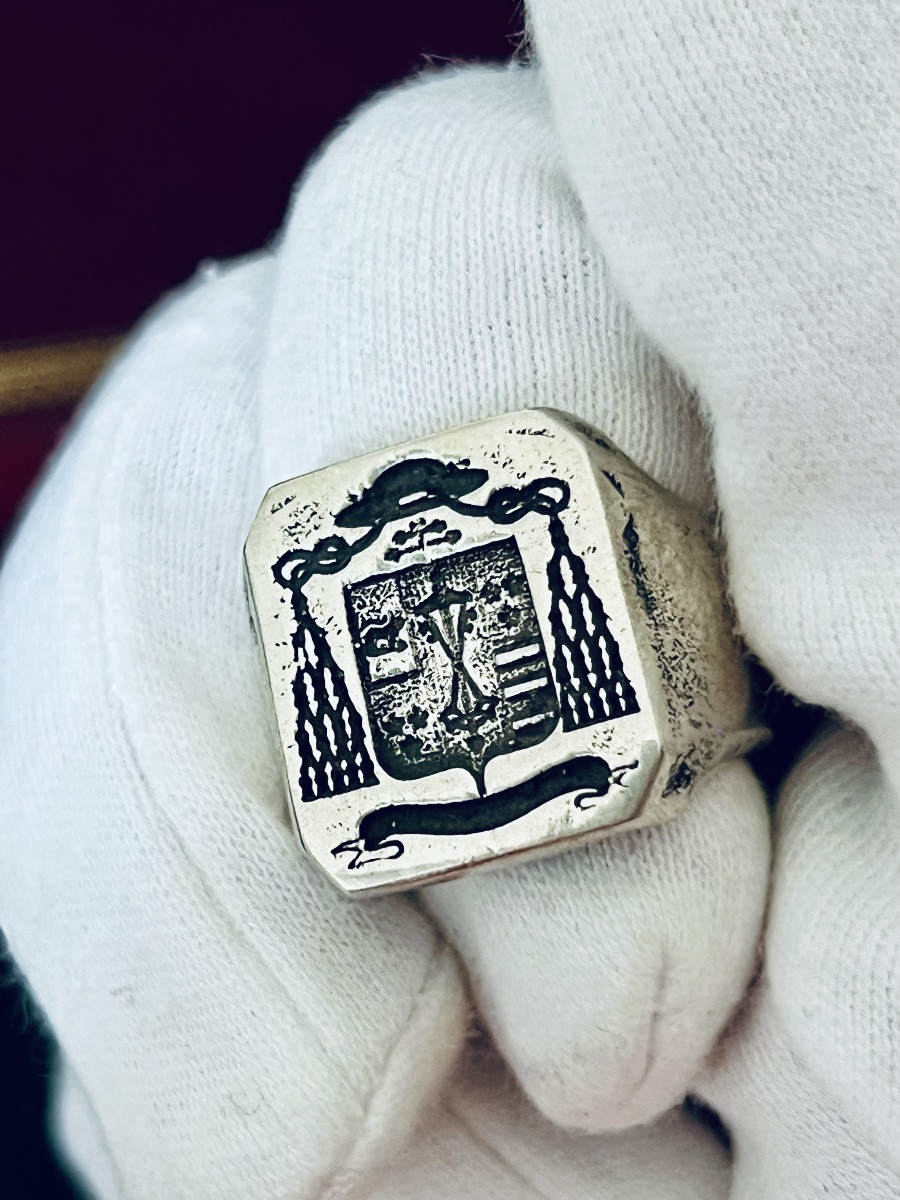 Bague ecclésiastique héraldique en argent – décor de calice / monogramme – XIX  siècle-photo-6