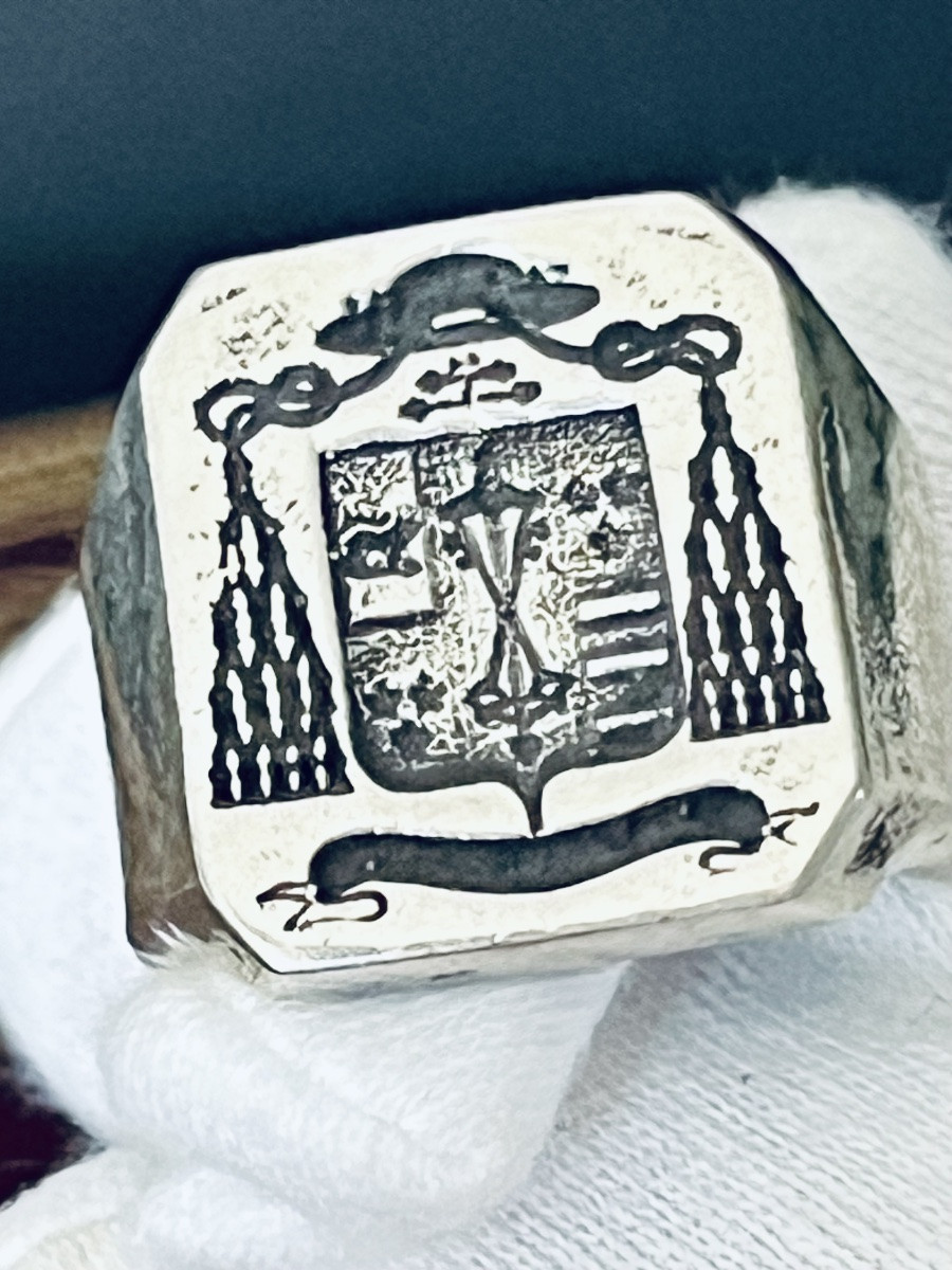 Bague ecclésiastique héraldique en argent – décor de calice / monogramme – XIX  siècle-photo-7