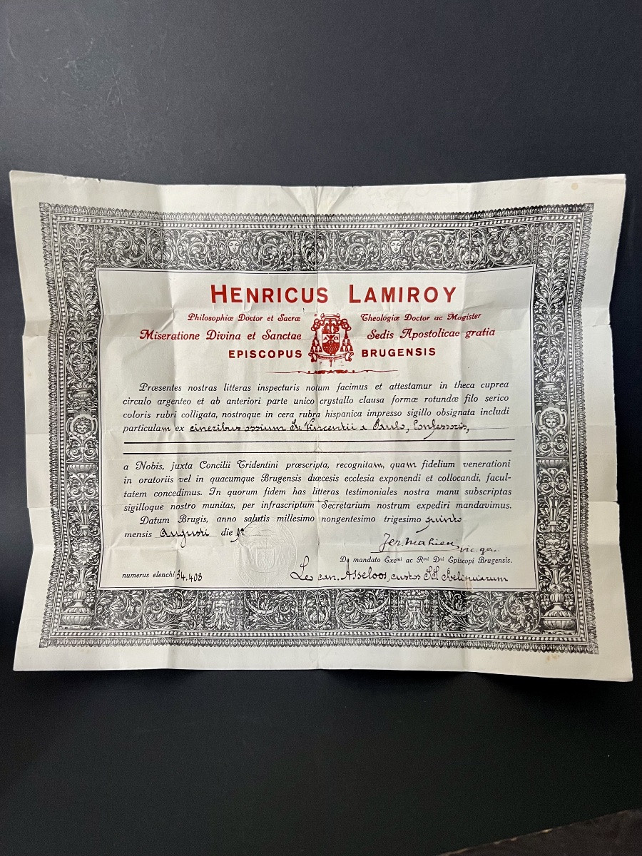 Theque Reliquary - Relic Of Saint Vincent De Paul - Episcopal Certificate Bruges 1935-photo-2