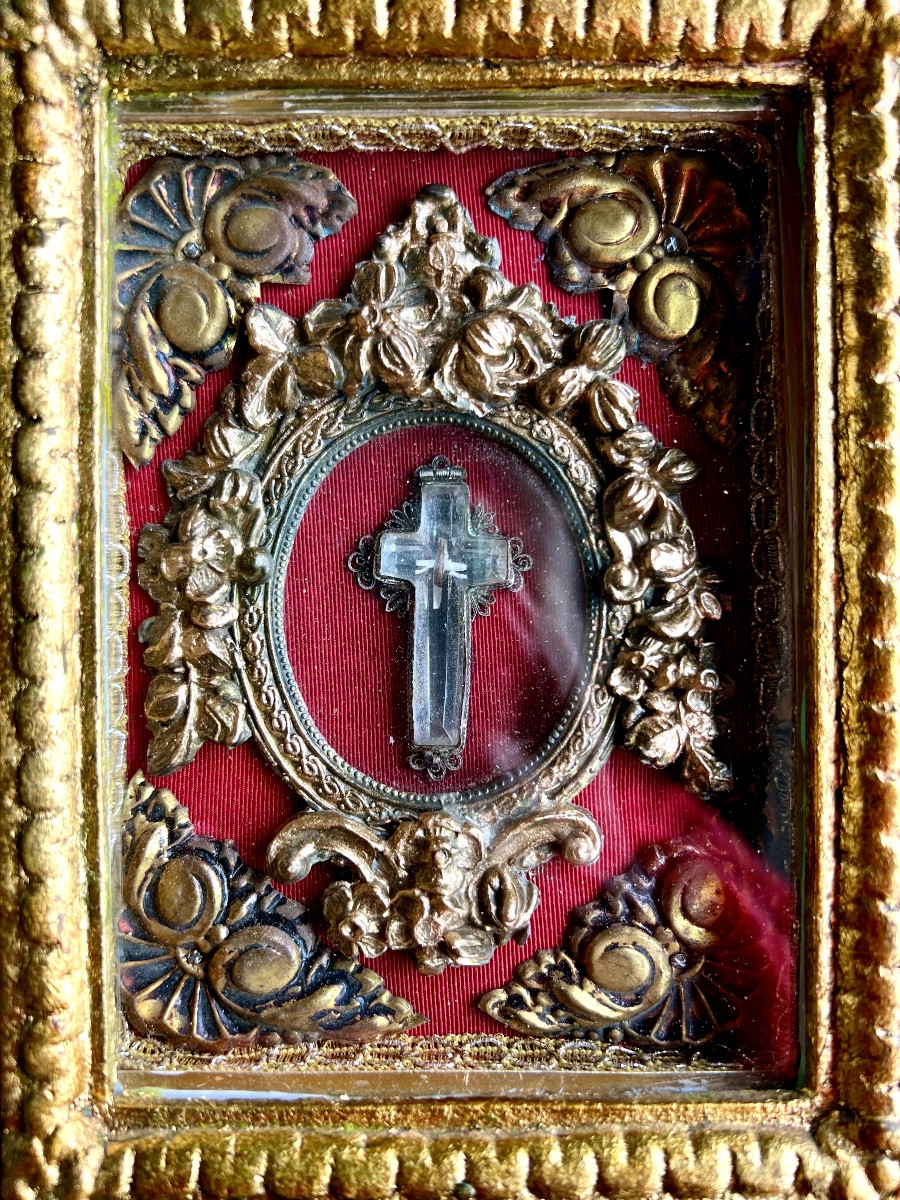 Reliquary Of The True Cross - Fragment Enclosed In A Crystal Cross - 19th Century-photo-3