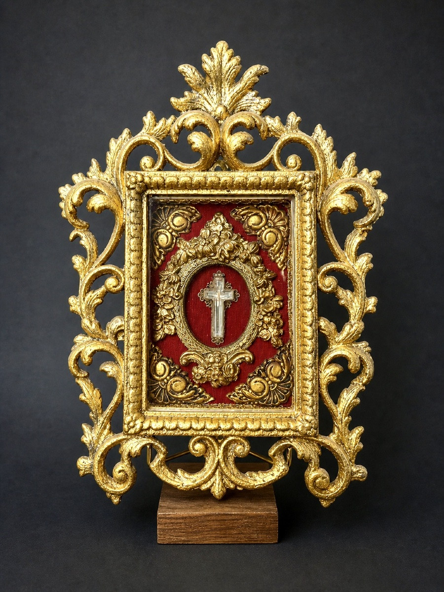 Reliquary Of The True Cross - Fragment Enclosed In A Crystal Cross - 19th Century-photo-2