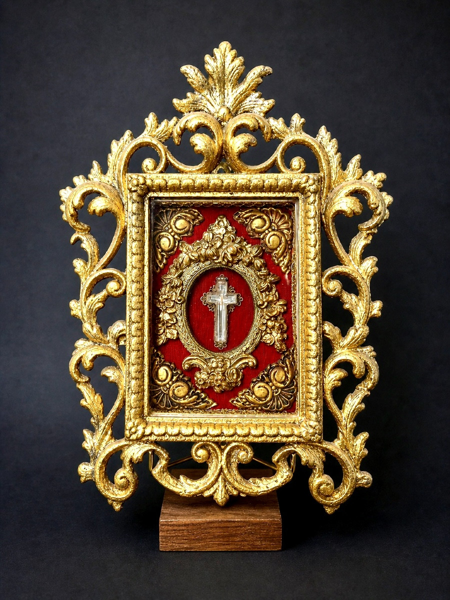 Reliquary Of The True Cross - Fragment Enclosed In A Crystal Cross - 19th Century