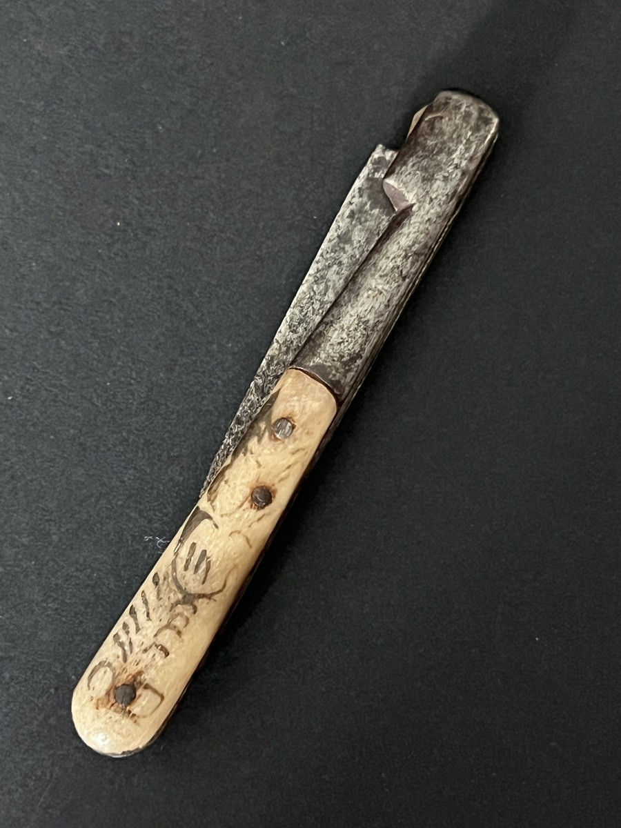 Antique Folding Knife With Engraved Bone Handle - 18th Century-photo-4