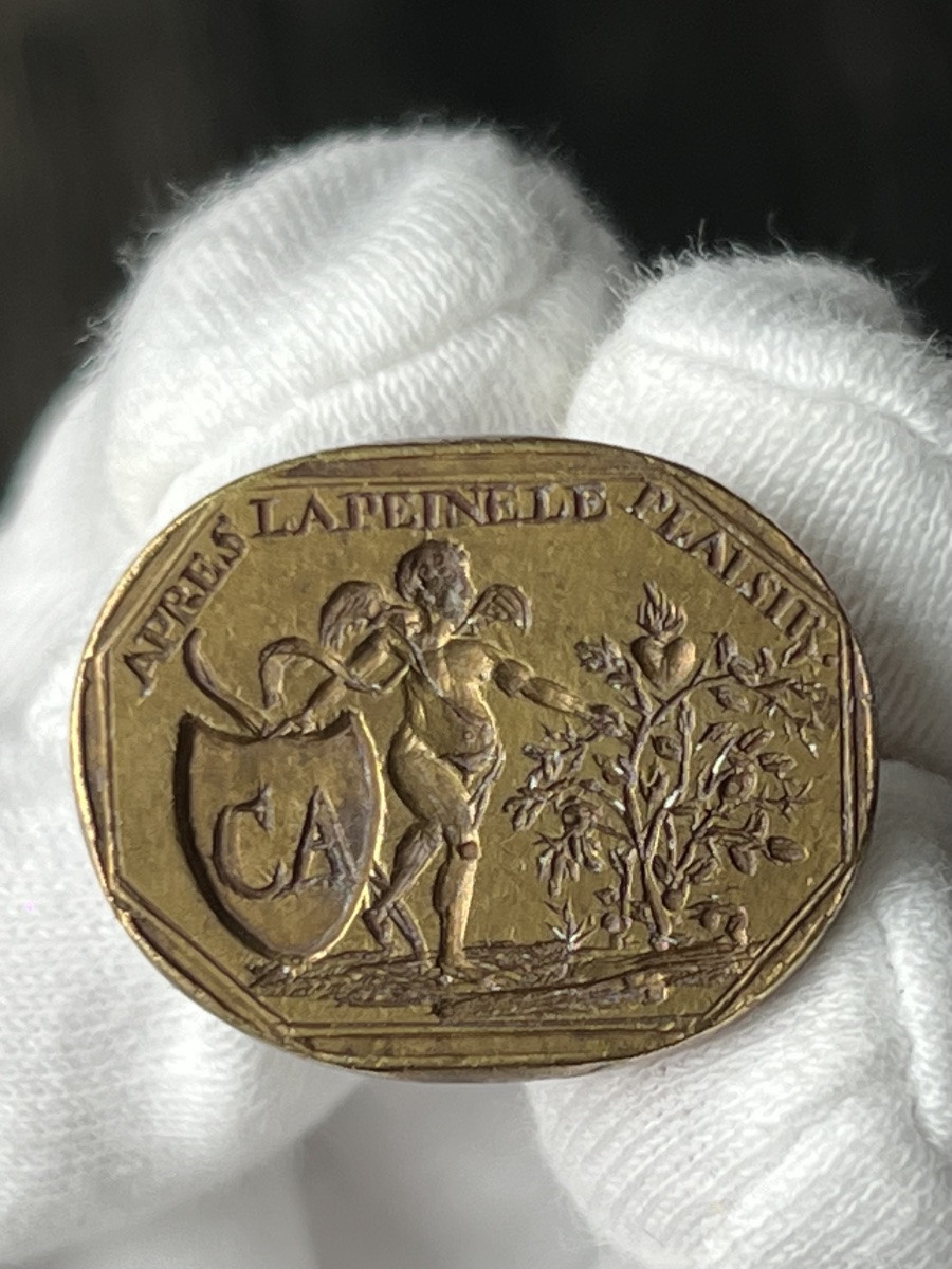 Cachet à Cire Allégorique en Bronze Doré et Métal Argenté – Putto Ailé & Écu Armorié -photo-1