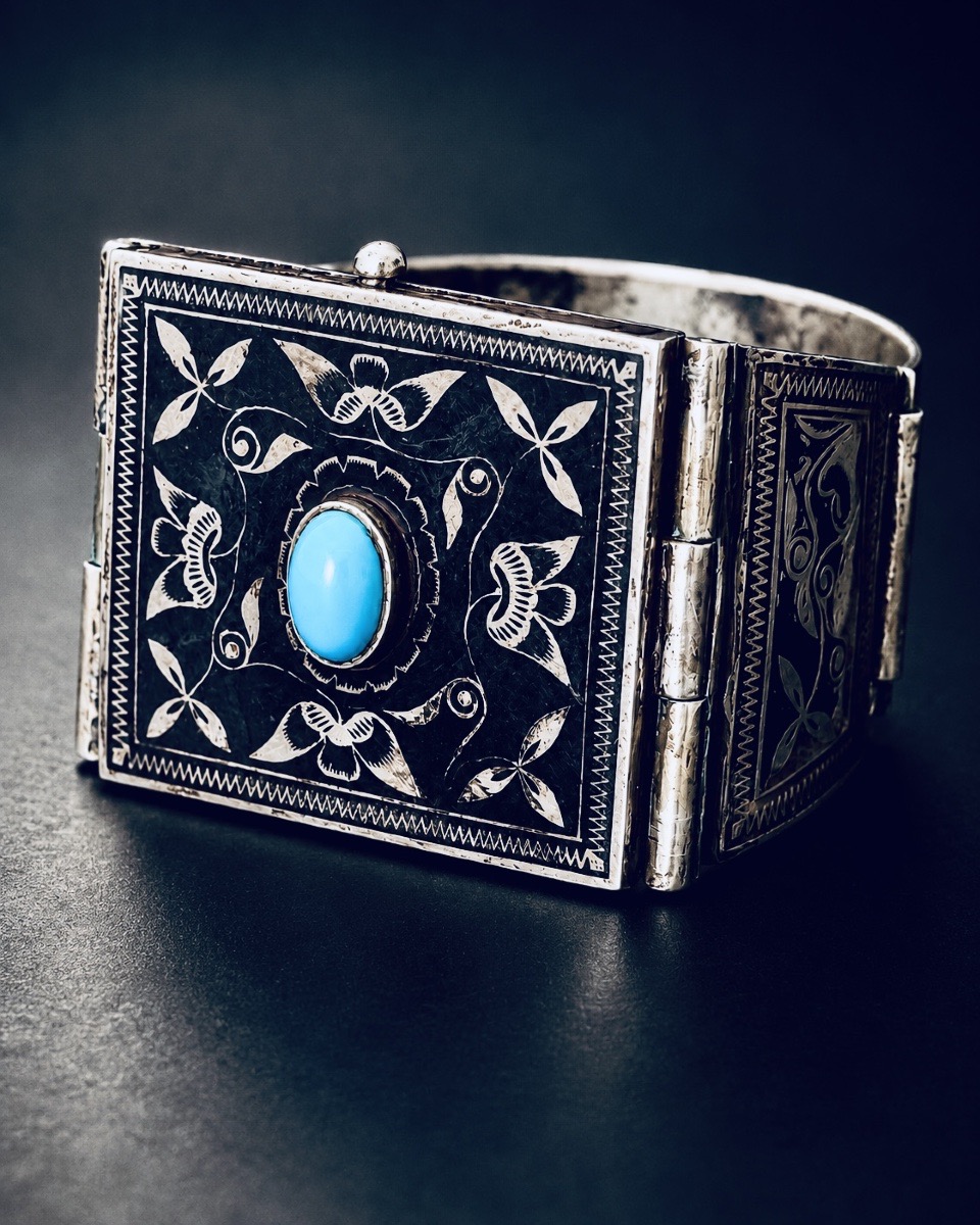 Bracelet manchette en argent niellé à compartiment secret, XIXe siècle