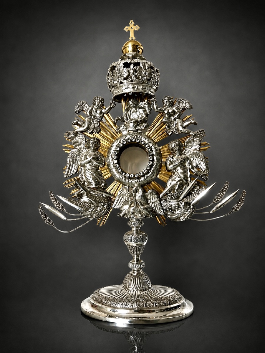 Rare Ostensoir-Soleil Néo-Baroque en Argent Massif par Delheid – Provenance Historique Certifié