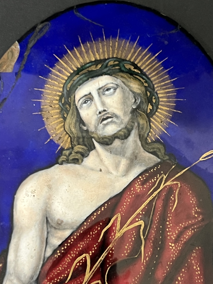 Christ With A Reed – Oval Polychrome Enamel Plaque, 17th Century-photo-2