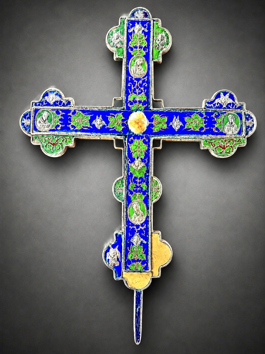 Grande croix processionnelle en émaux polychromes – XVIIIe siècle-photo-2