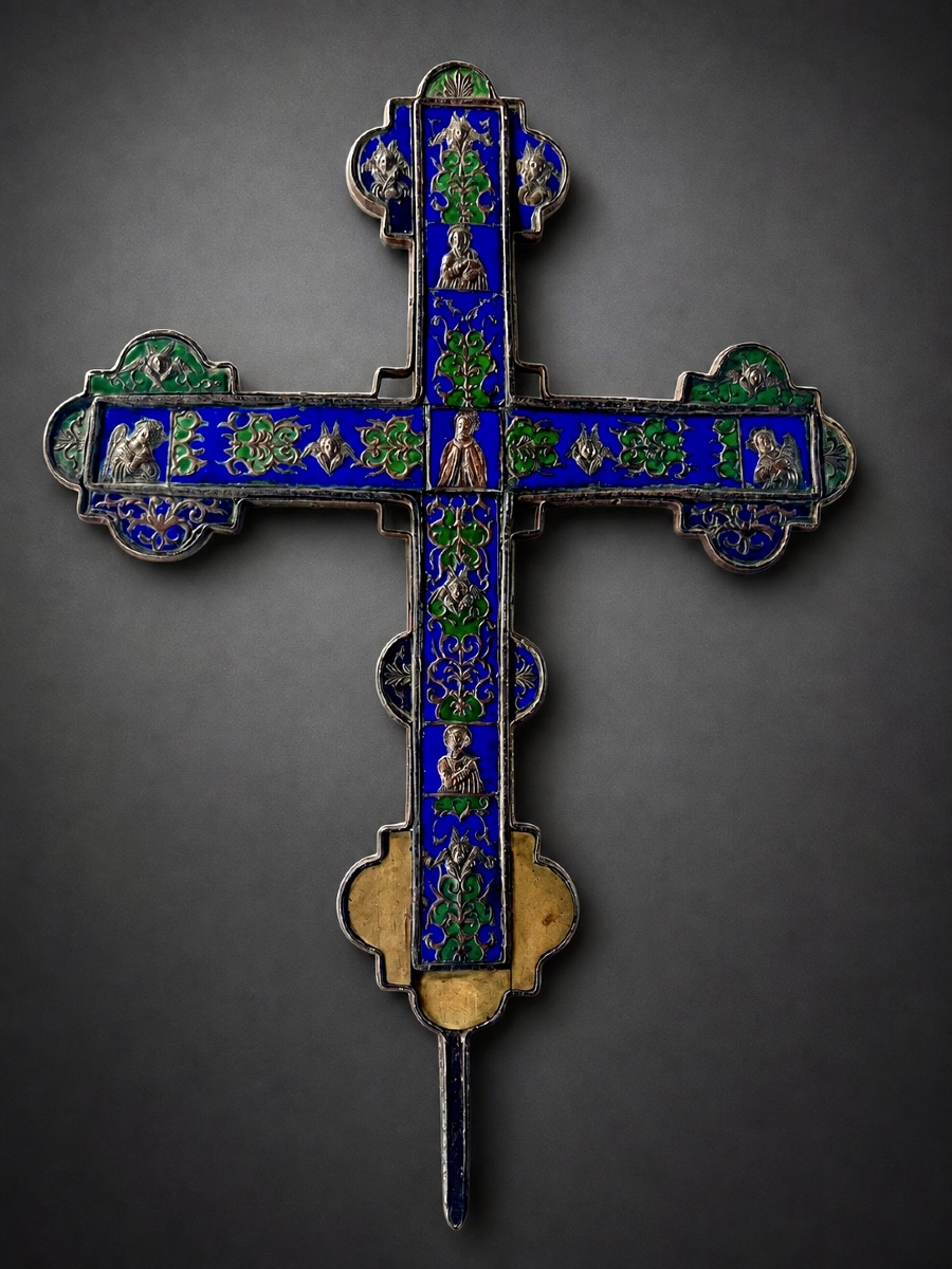 Large Processional Cross In Polychrome Enamel – 18th Century