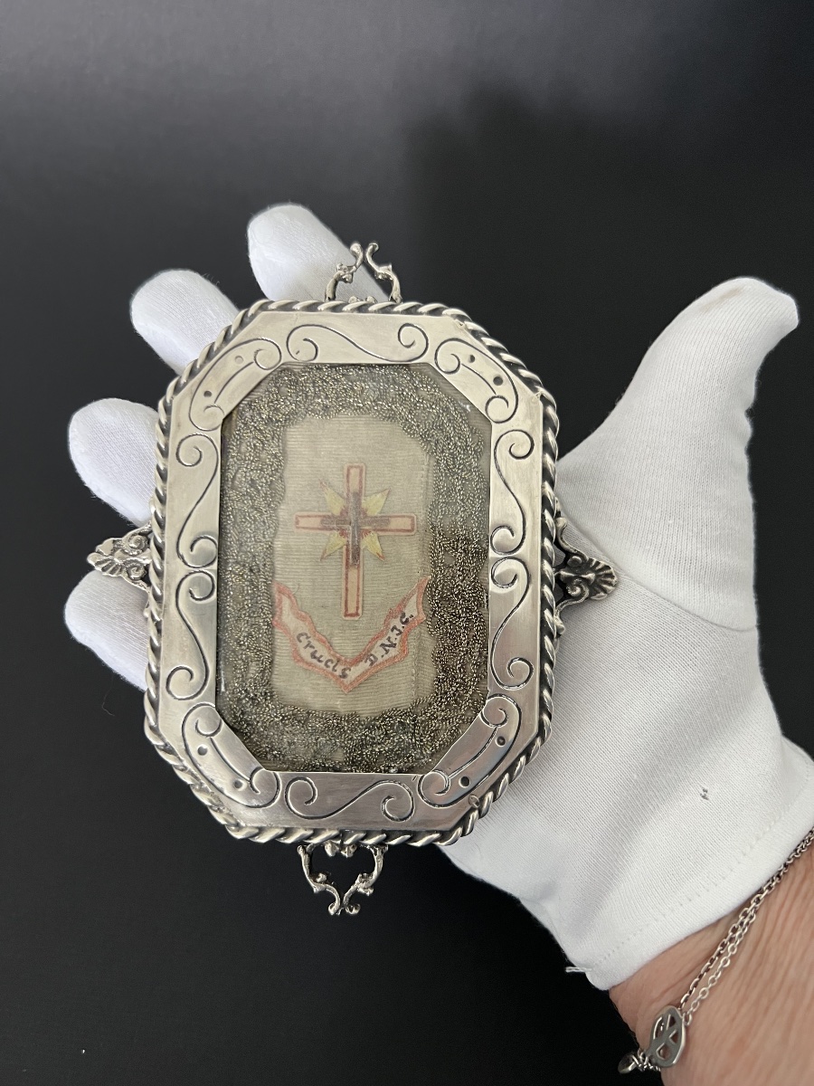 Silver Reliquary Of The Holy Cross –mexico -  19th Century-photo-2