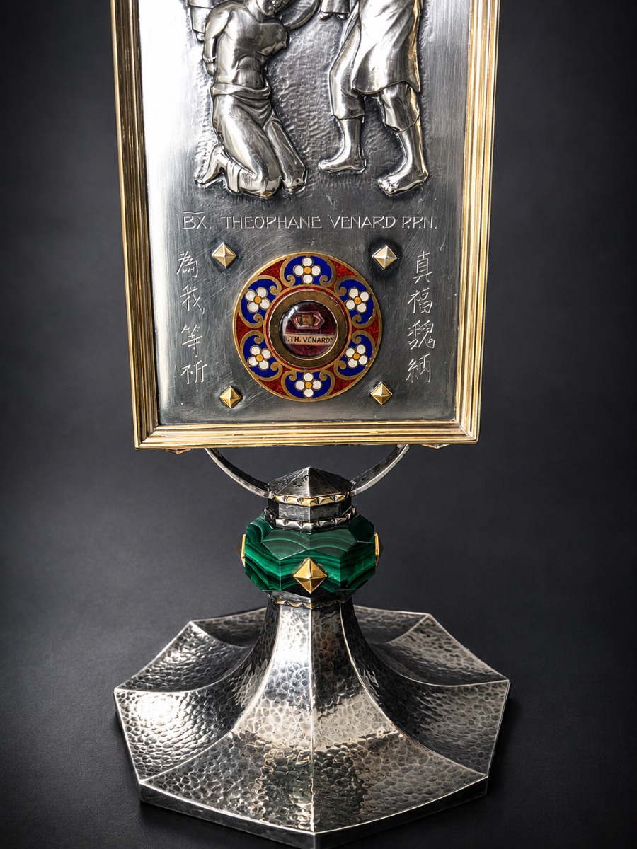 Reliquaire en argent 925, émaux et malachite – Bienheureux Théophane Vénard – XXe siècle-photo-2