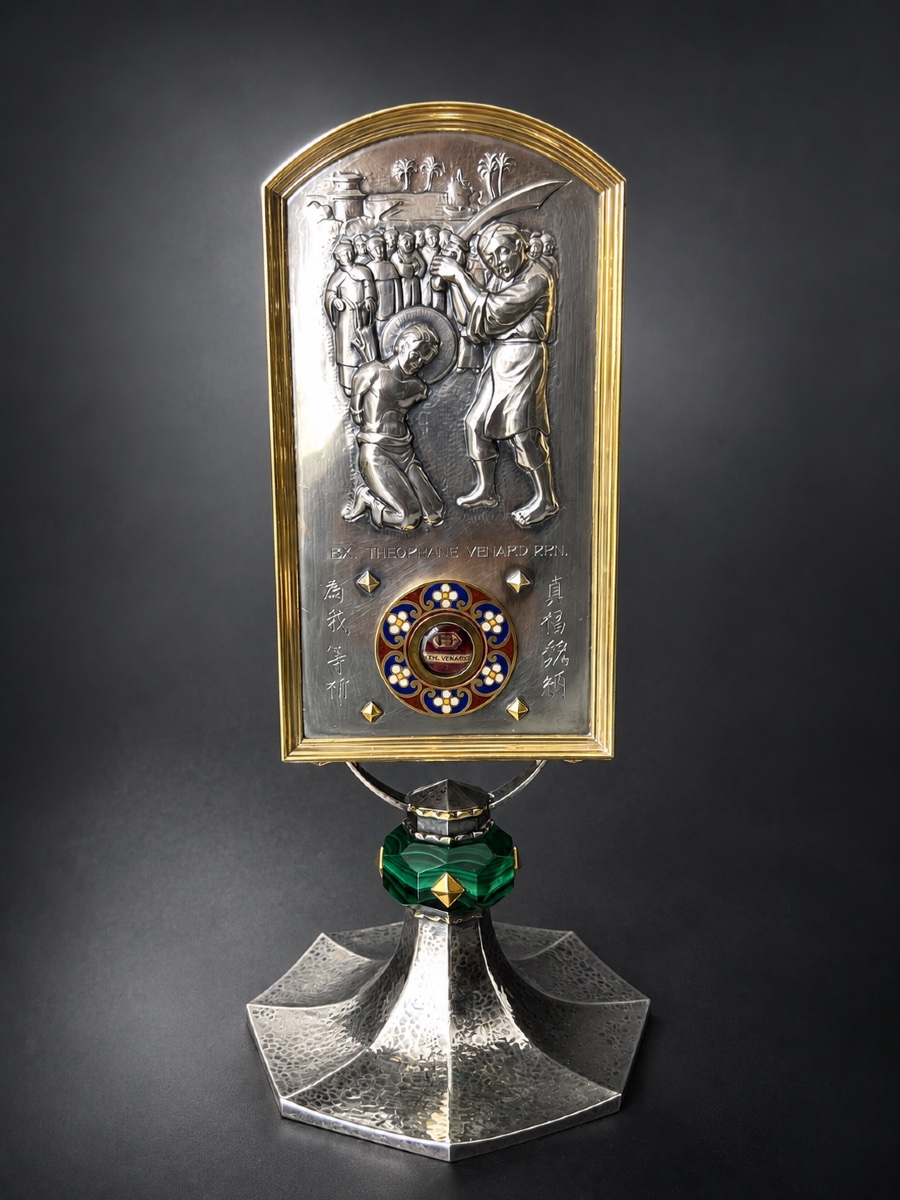 Reliquaire en argent 925, émaux et malachite – Bienheureux Théophane Vénard – XXe siècle