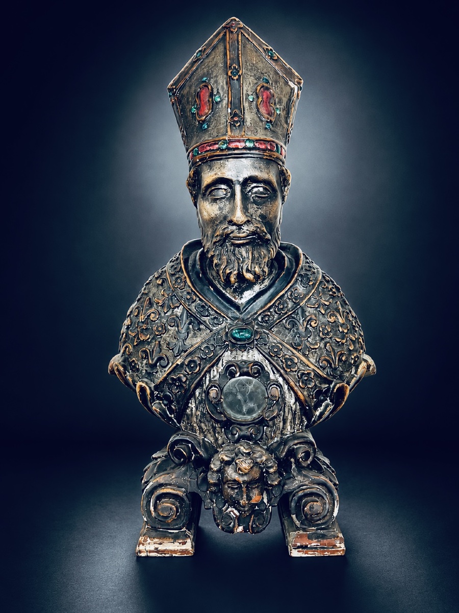 Buste-reliquaire d’évêque en bois sculpté, laqué et polychromé – Italie, XVIIIe siècle-photo-2