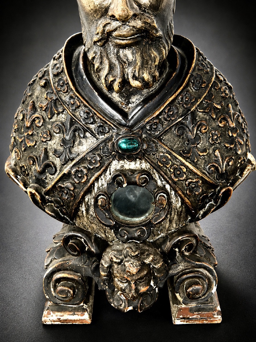 Buste-reliquaire d’évêque en bois sculpté, laqué et polychromé – Italie, XVIIIe siècle-photo-3