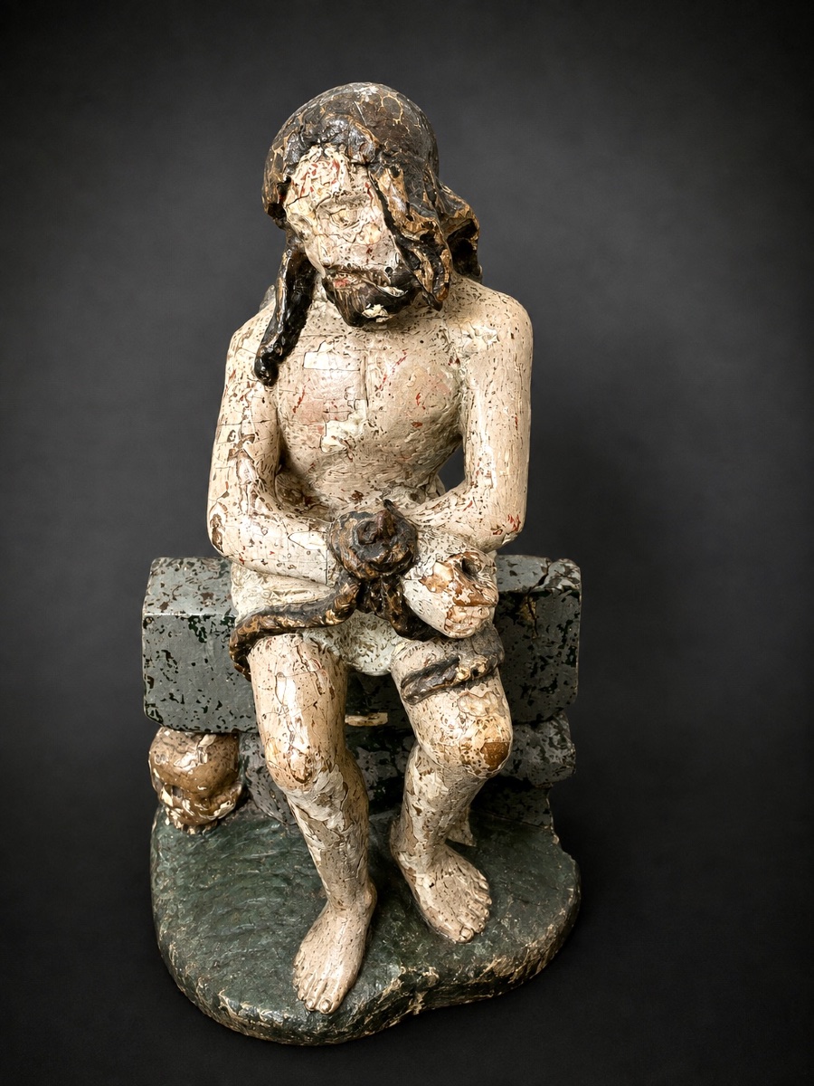 Christ aux outrages – Bois sculpté polychrome – Art populaire religieux, XVIIe-photo-1