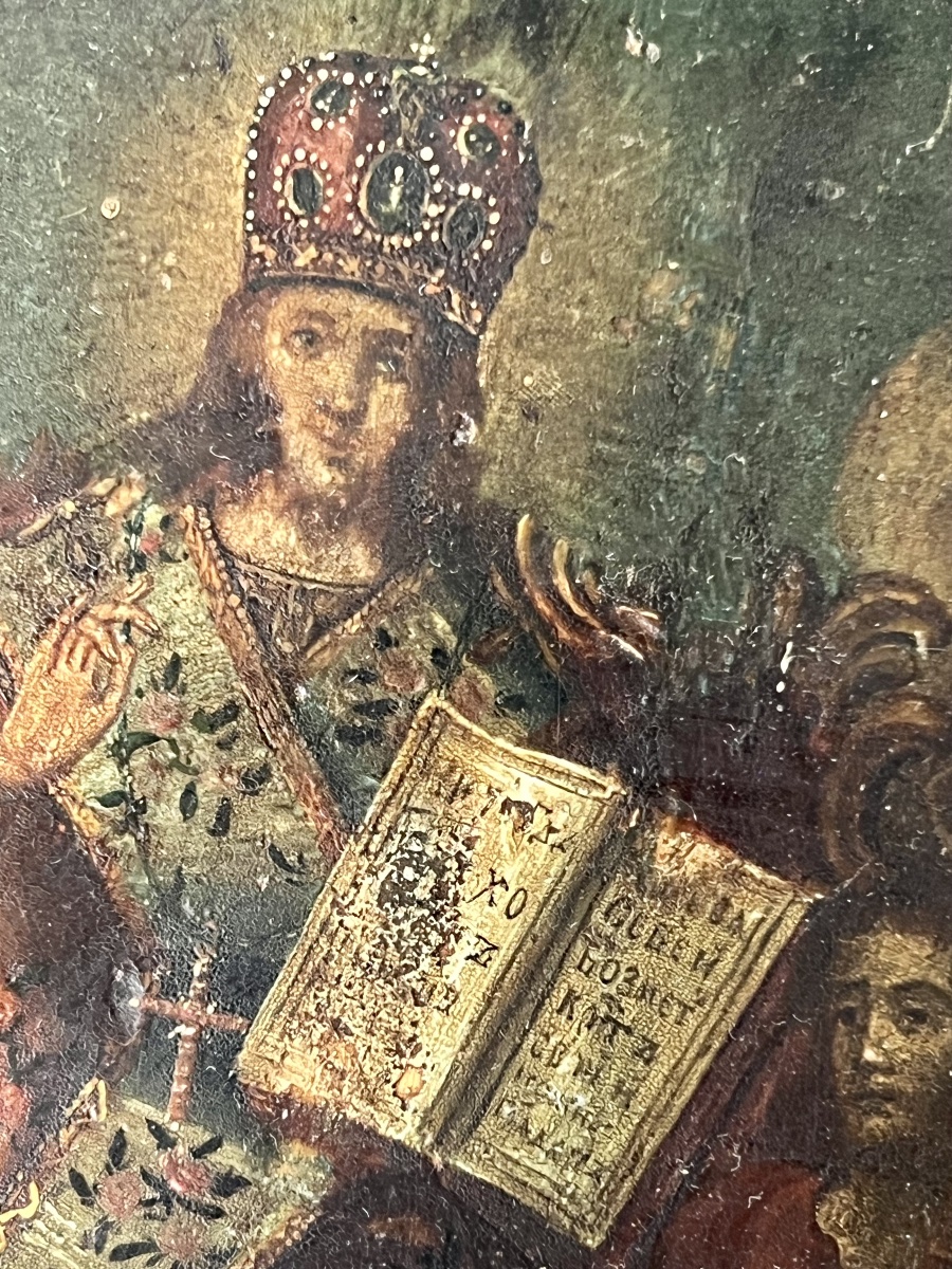 Icône russe XVIIIe – Christ en majesté, Vierge et saint Jean-Baptiste – Déisis-photo-3