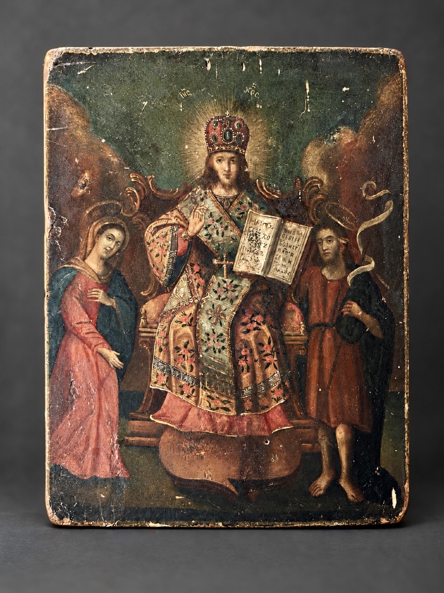 Icône russe XVIIIe – Christ en majesté, Vierge et saint Jean-Baptiste – Déisis