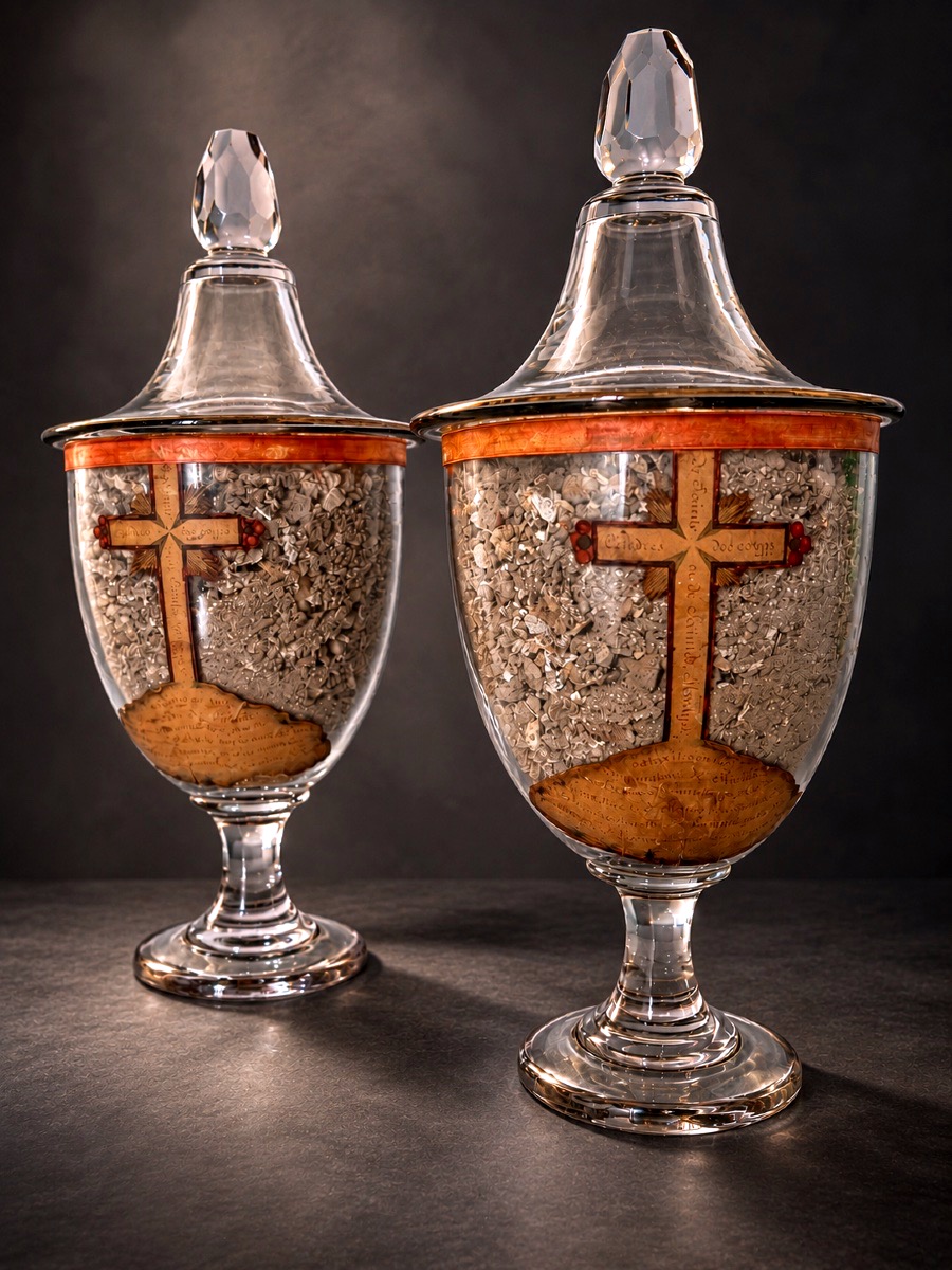 Rare paire de grands reliquaires des catacombes romaines – reliques extraites en 1661