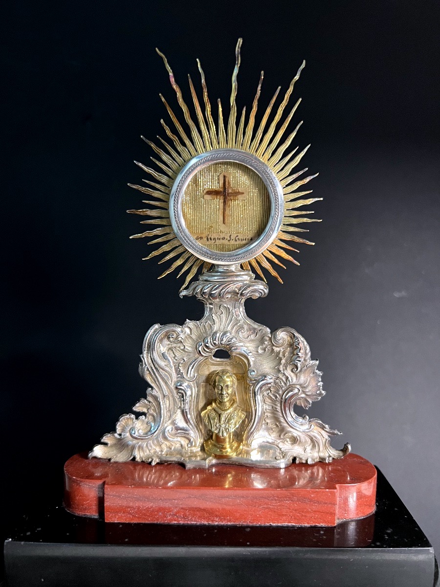 Reliquaire de la Vraie Croix en argent – Authentique épiscopale de 1840 – Sous globe de verre-photo-2