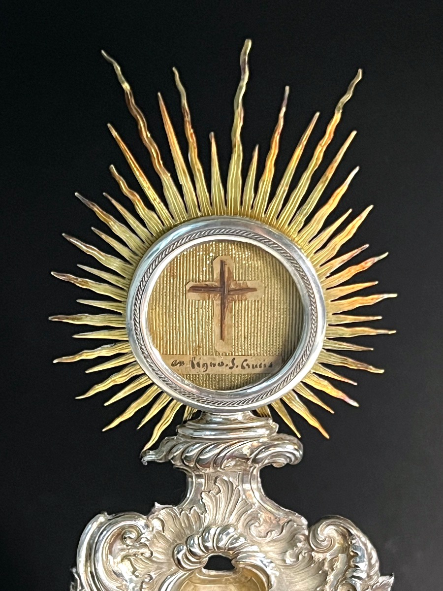 Reliquaire de la Vraie Croix en argent – Authentique épiscopale de 1840 – Sous globe de verre-photo-3