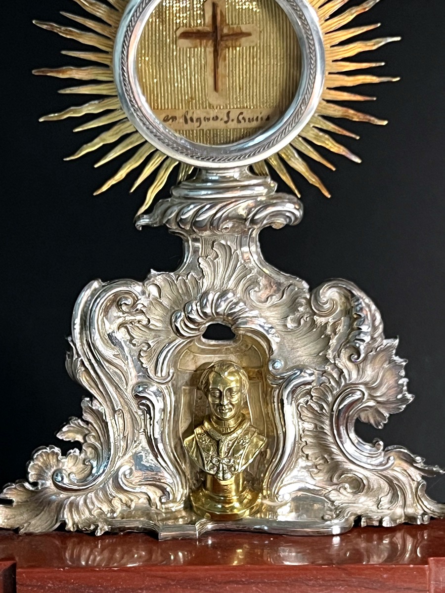 Reliquaire de la Vraie Croix en argent – Authentique épiscopale de 1840 – Sous globe de verre-photo-4