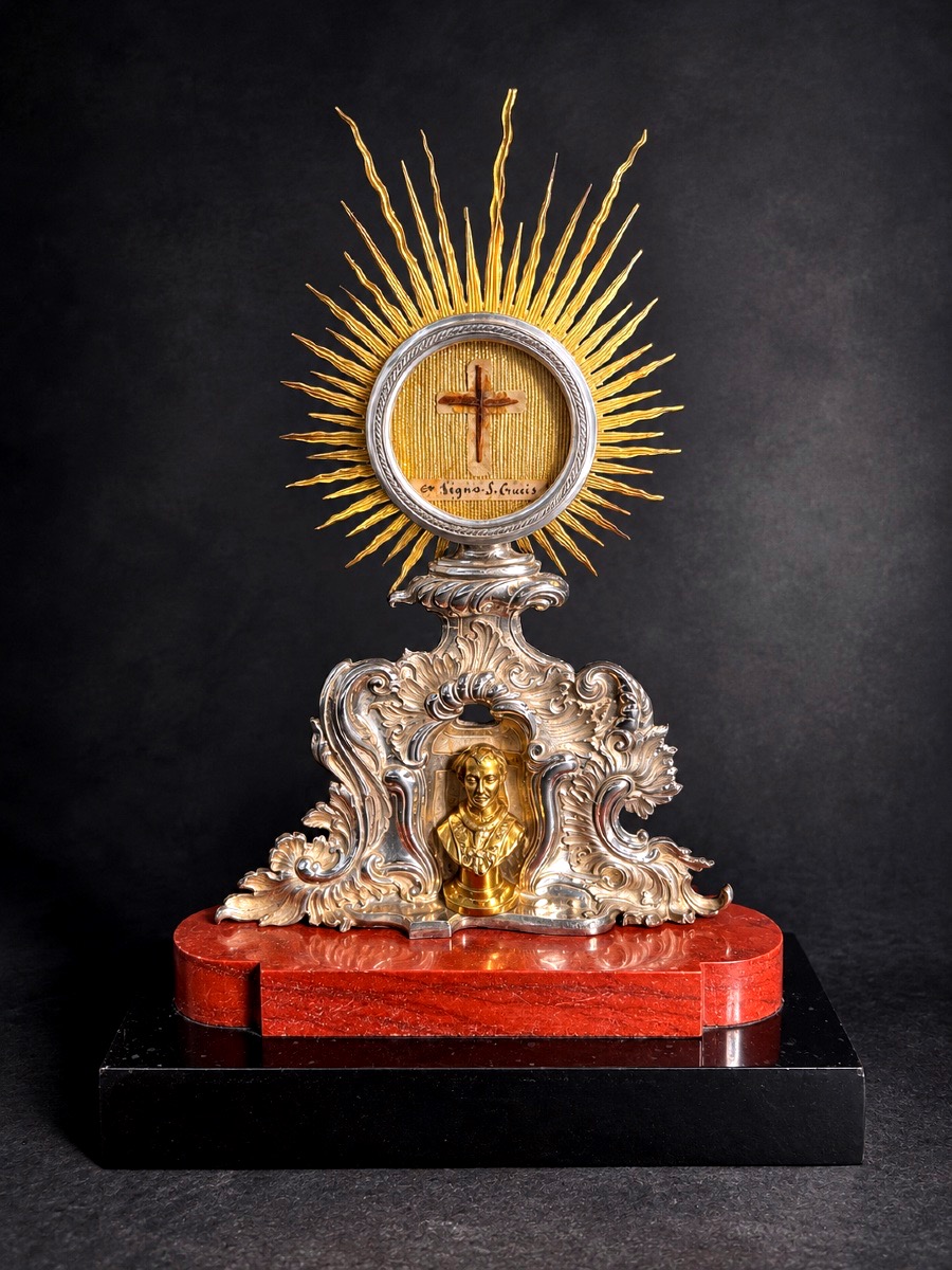Reliquaire de la Vraie Croix en argent – Authentique épiscopale de 1840 – Sous globe de verre-photo-8