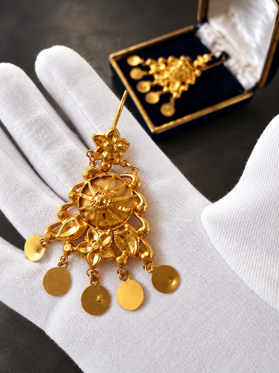 Paire de pendants d’oreilles en or jaune 18 carats – Travail persan – Début du XXe siècle-photo-1