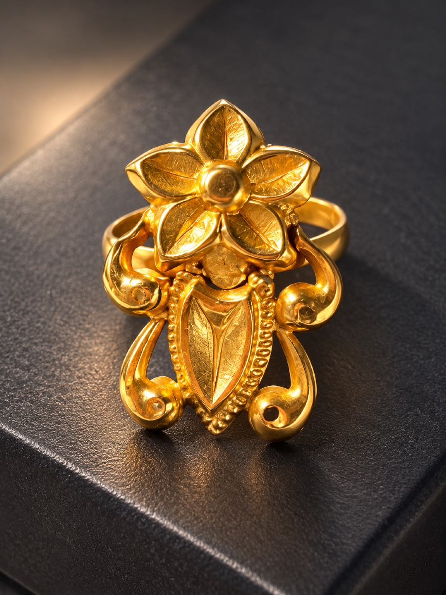 Bague ancienne persane en or jaune 18 carats – Décor floral – Début du XXe siècle-photo-3