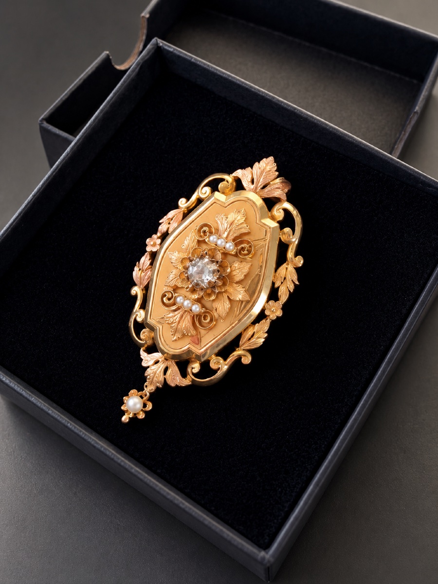 Broche-pendentif ancienne en or 18 carats, diamant et perles fines – XIXe siècle-photo-2