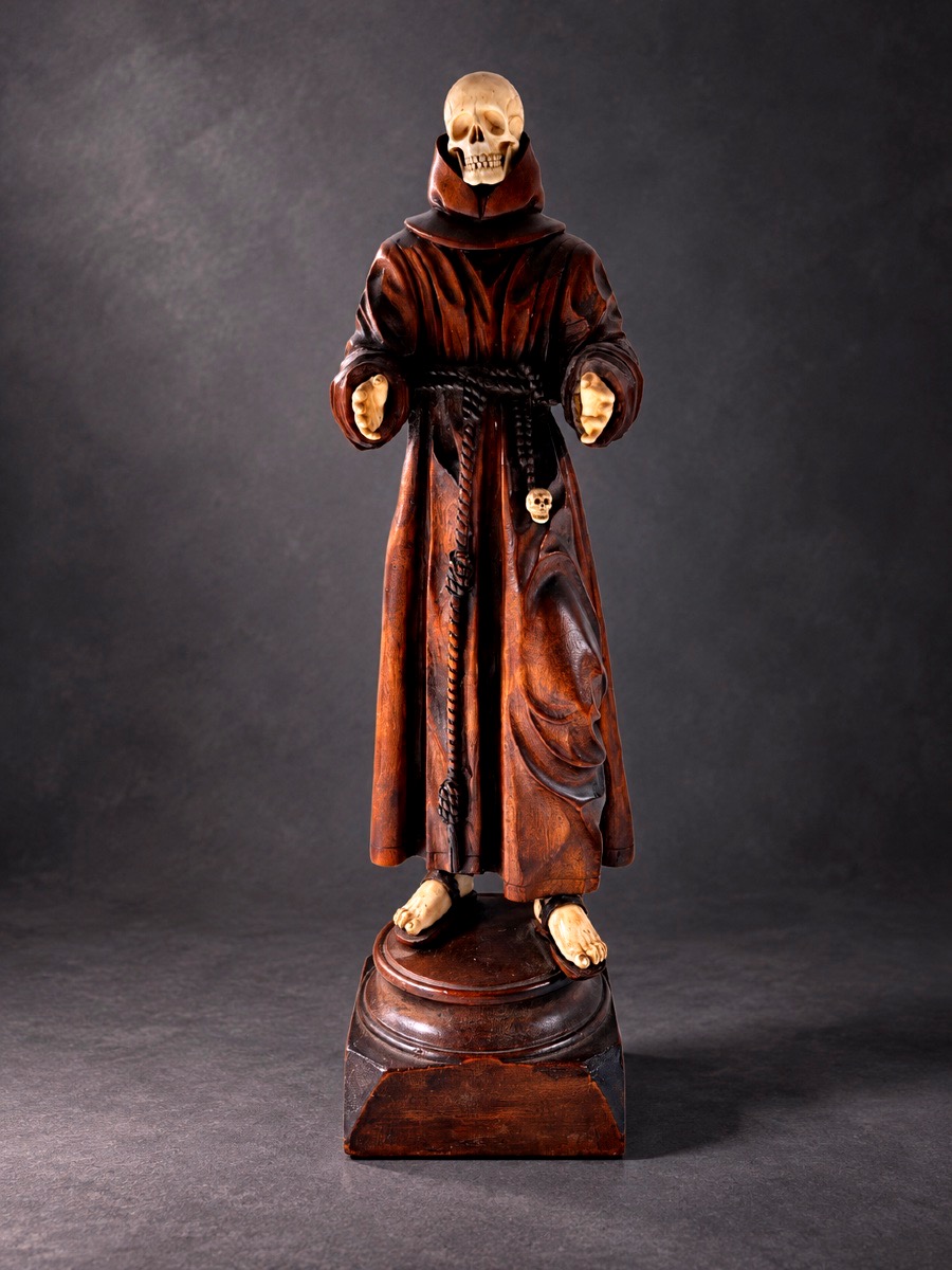 Mémento Mori – Moine franciscain à tête de mort – Bois sculpté et ivoire – Art religieux-photo-2
