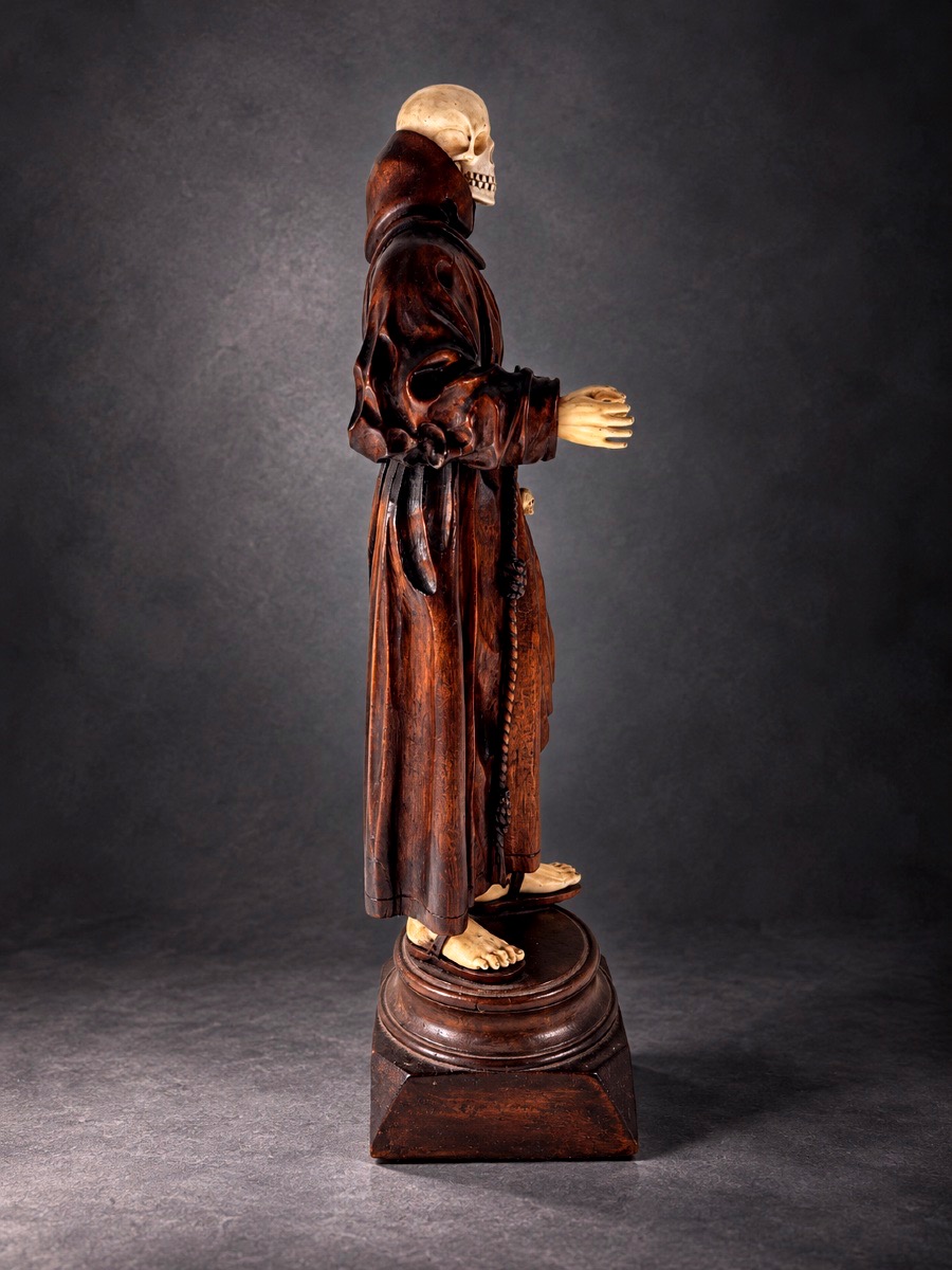 Mémento Mori – Moine franciscain à tête de mort – Bois sculpté et ivoire – Art religieux-photo-3