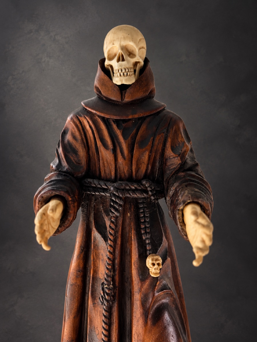 Mémento Mori – Moine franciscain à tête de mort – Bois sculpté et ivoire – Art religieux-photo-1