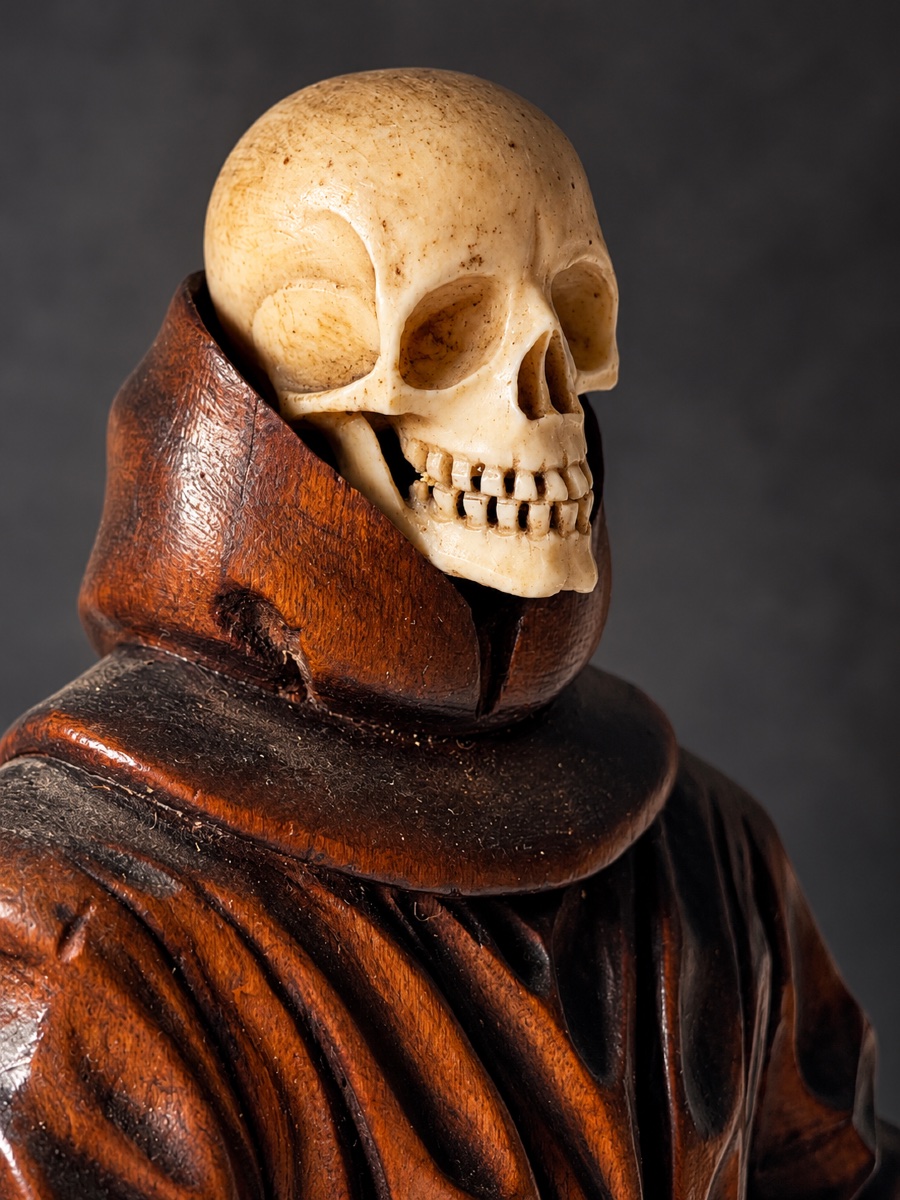 Mémento Mori – Moine franciscain à tête de mort – Bois sculpté et ivoire – Art religieux-photo-3