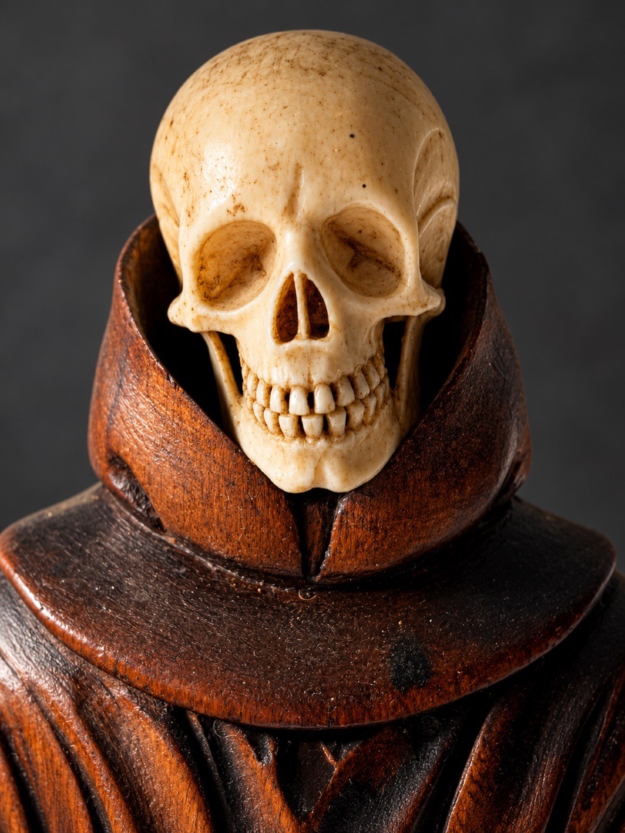 Mémento Mori – Moine franciscain à tête de mort – Bois sculpté et ivoire – Art religieux