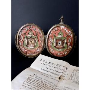Double-sided Reliquary In Gilded Brass – Relics Of The True Cross And Saints – Italy, 1828 