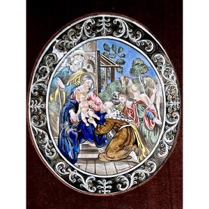 Polychrome Enamel Plaque – Adoration Of The Magi – Limoges – Signed A. Huguerville