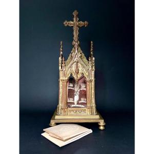 Neo-gothic Reliquary-chapel In Gilt Bronze, 19th Century