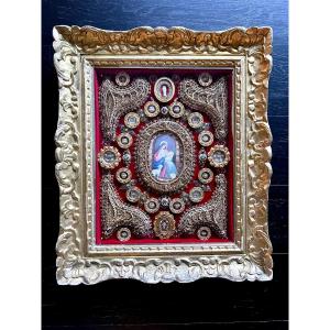 Large Reliquary Frame – Virgin And Child – 19th Century – Exceptional Collection Of Relics