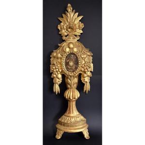 Monstrance reliquaire en bois sculpté et doré – Tyrol du Sud - 1800 – Relique de St Fortunatus