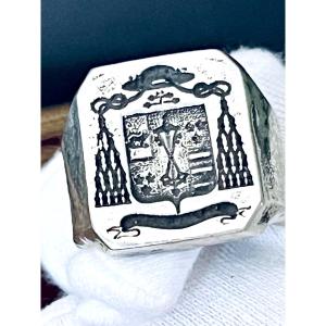 Silver Ecclesiastical Heraldic Ring - Chalice / Monogram Decoration - 19th Century