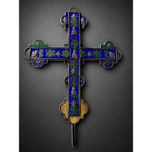 Large Processional Cross In Polychrome Enamel – 18th Century